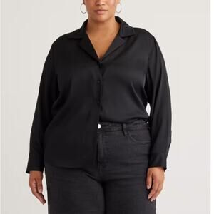 NWT Quince Black Washable Silk Notch Collar Blouse (2X)